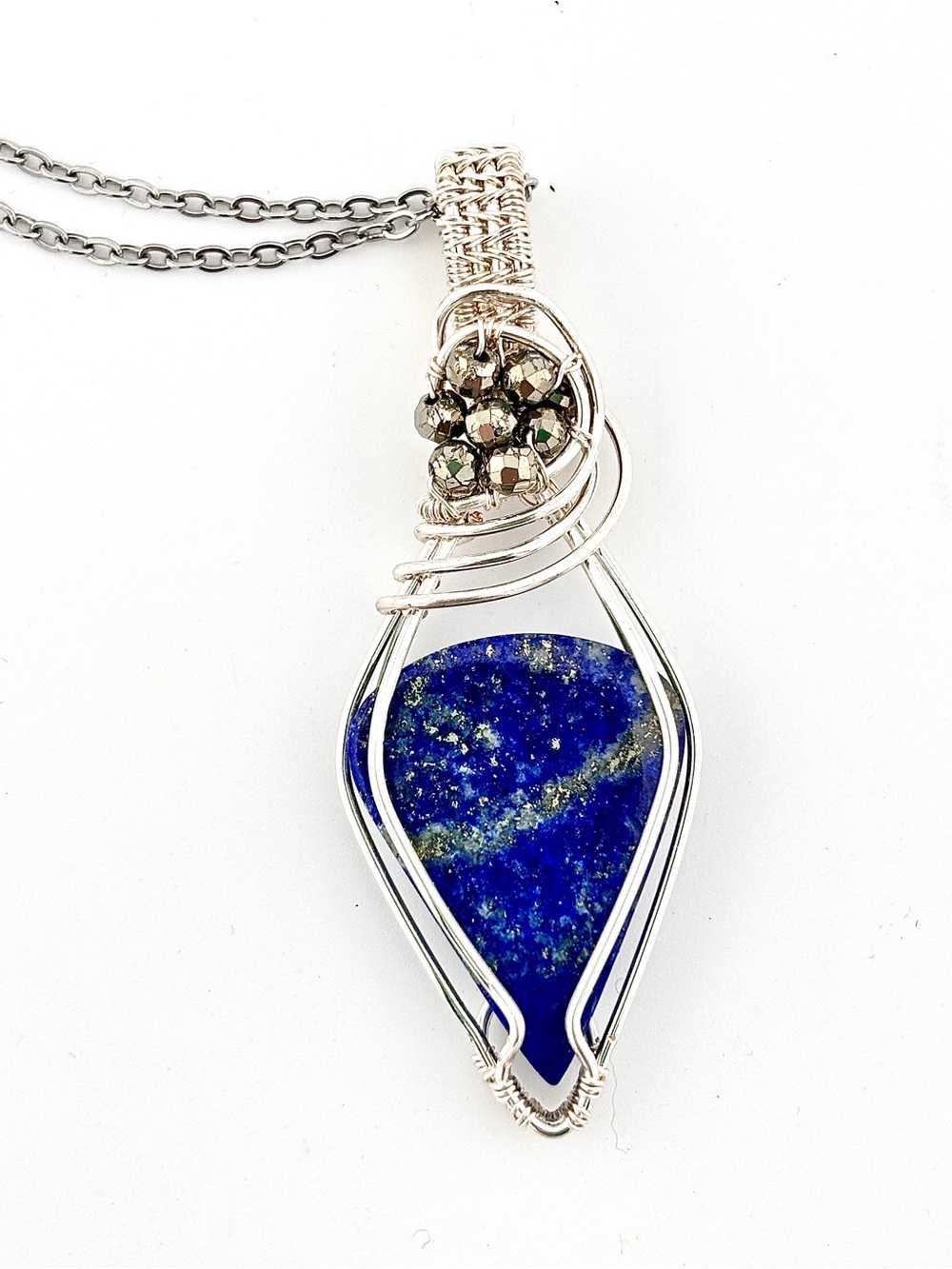 HANDMADE Lapis Lazuli, Pyrite Silver Plated Pendant Necklace, Artisan Jewelry
